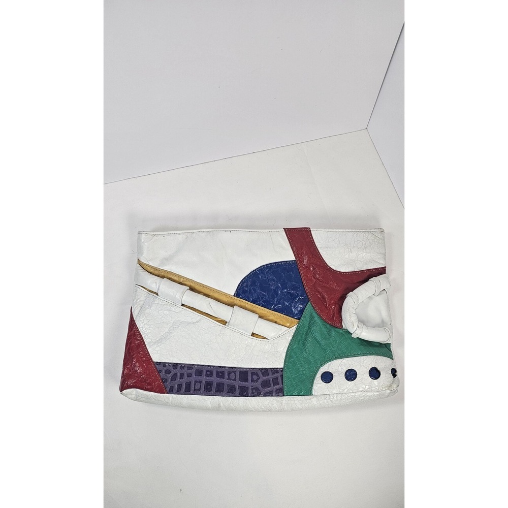 Vintage‎ Colorblock Patchwork Clutch Purse White Croc Embossed 80s 90s